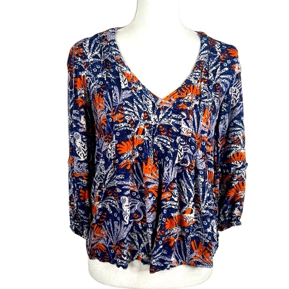 Maeve‎ by Anthropologie Blue & Orange Tropical Monkey Print Boho Top Size XS